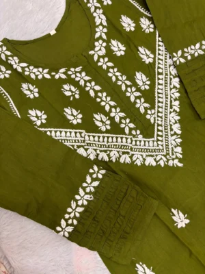 DARK GREEN COTTON HAND EMBRIODERY KURTI